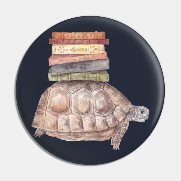 Bookworm Turtle Tortoise Cute Book Animal Watercolor Pin by wanderinglaur