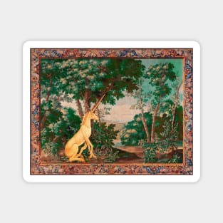 UNICORN IN WOODLAND LANDSCAPE AMONG GREENERY AND TREES Pink Green Hues Magnet