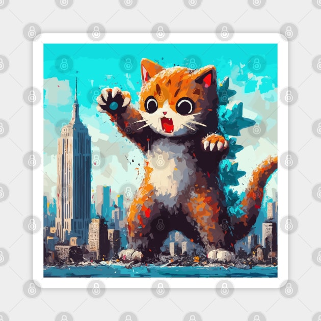 Kaiju Catzilla in New York painting Magnet by TomFrontierArt