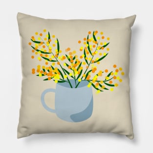 Mug and flower bouquet made of mimosa branches Pillow