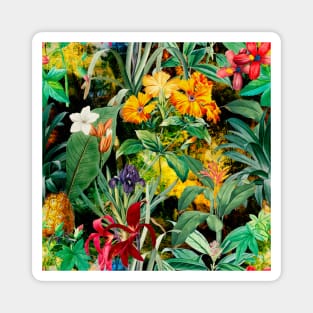 Colorful tropical floral leaves botanical illustration, tropical plants,leaves and flowers, black yellow leaves pattern Magnet