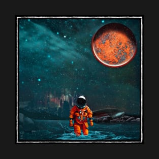 Astronaut Crash Landing on Alien Planet with Orange Moon T-Shirt