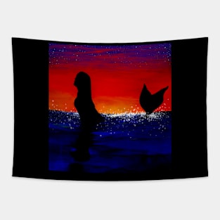 Mermaid swimming in the ocean, warm sunset Tapestry