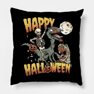 Skeleton Riding Zombie Dinosaur Happy Halloween Pillow