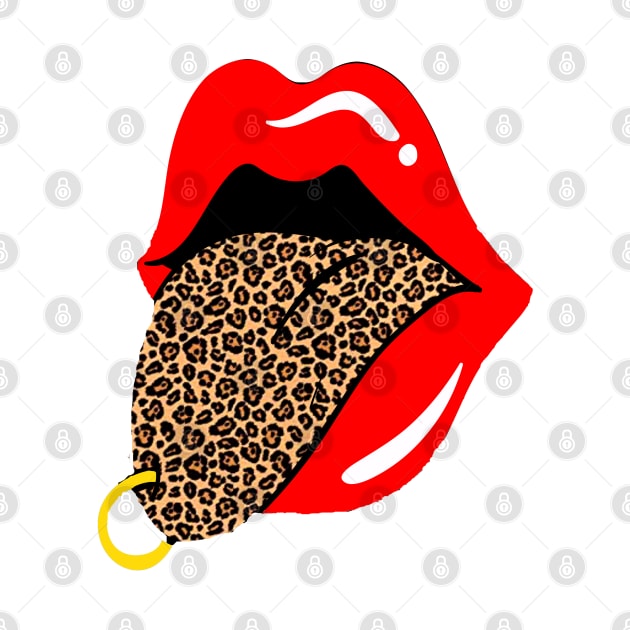 Red Lips Tongue Cheetah with golden piercing lovers Trendy designs by AbirAbd