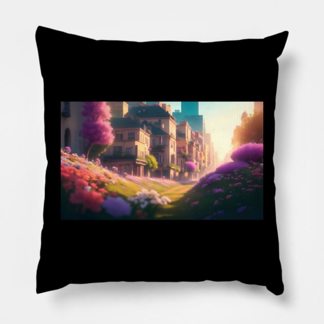 City street with beautiful flowers Pillow by WODEXZ