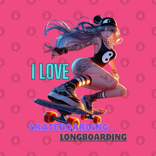 Kawaii, Anime Girl, I Love, Skateboarding & Longboarding by Catsie Cat