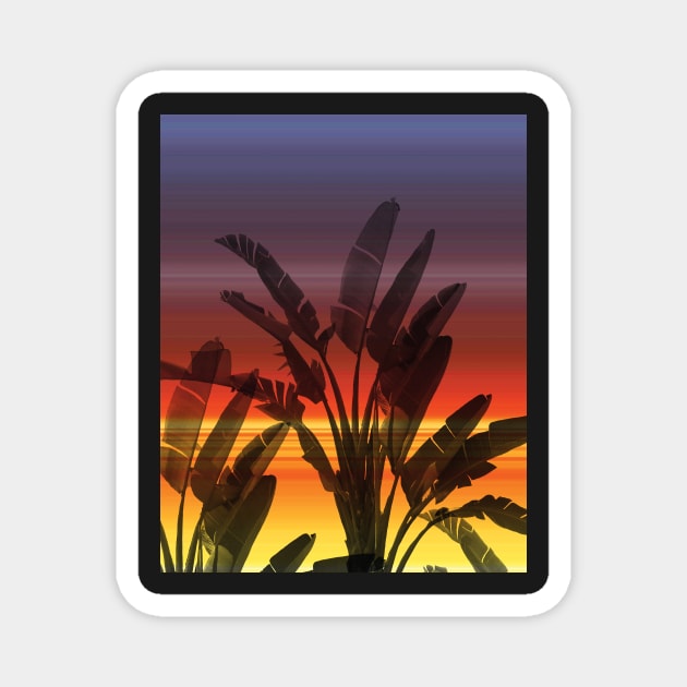 TropicL banana leaves on sunset background romantic print Magnet by likapix