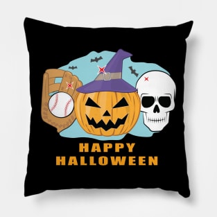 Happy Baseball Halloween - Spooky Skull and Pumpkin Pillow