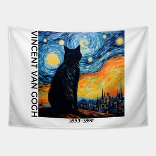 Vincent Van Gogh Artstyle, classic vincent van gogh painting, cat and starry night painting, oil painting, black cat, funny cat Tapestry