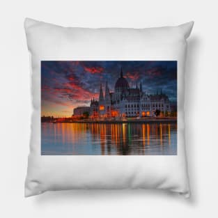 Sunset over Hungarian Parliament Building Budapest Pillow