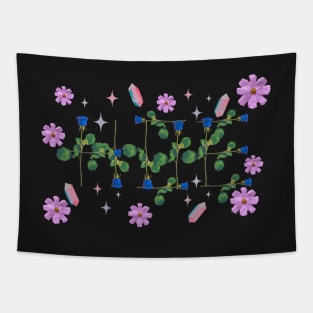 Hoe blue roses on stems with gems and purple flowers black bg Tapestry