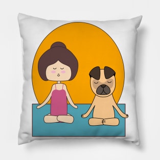 Yoga girl meditating with her pug in the sunrise Pillow