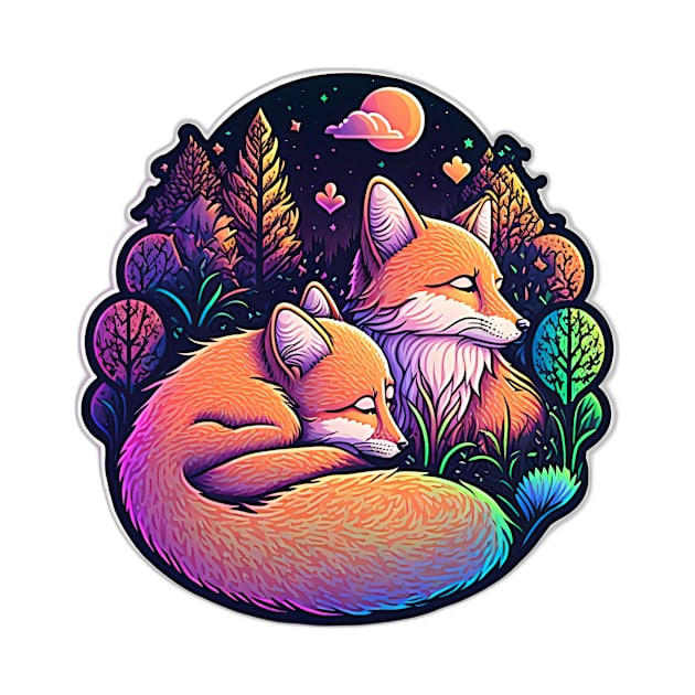 Sleepy Foxes Vibrant Illustration by Remix Rick