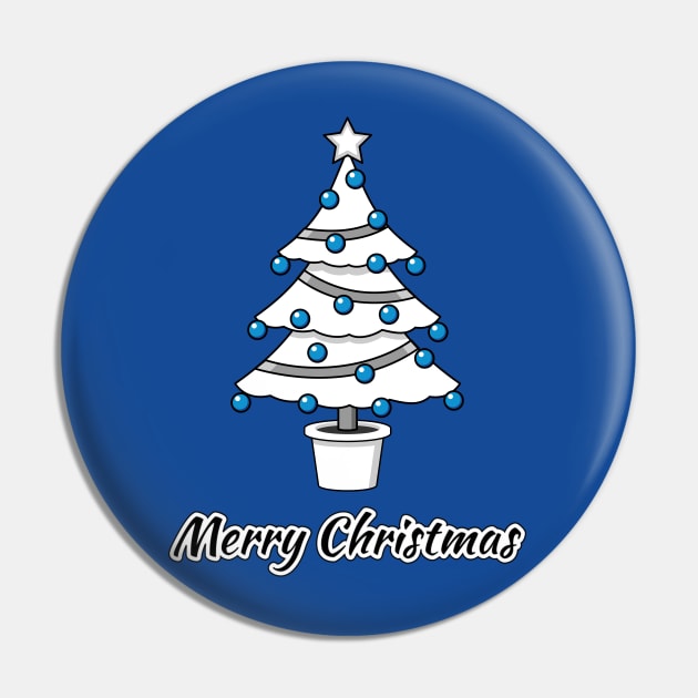 Elegant White Christmas Tree with Blue Decorations - Merry Christmas Pin by BirdAtWork