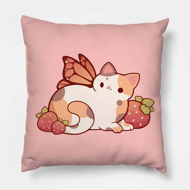 Fairy calico cat with strawberries Pillow by Rihnlin