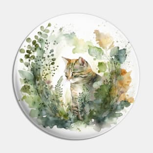 Watercolor Cat in Garden Pin