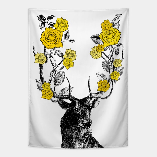 Stag and Roses | Stag and Flowers | Yellow Roses | Tapestry by Eclectic At Heart