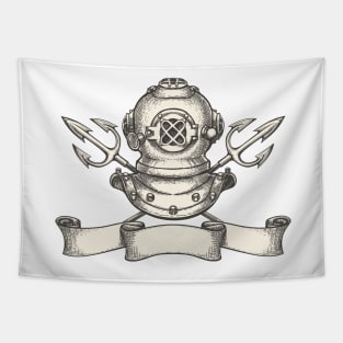 Diving helmet with tridents and ribbon Tapestry