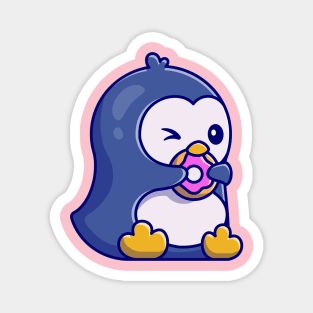 Cute Penguin Eating Doughnut Cartoon Magnet