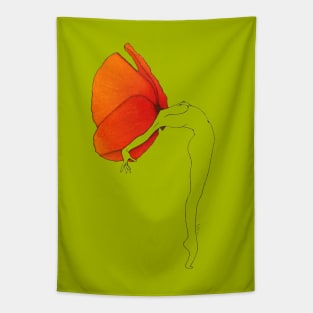 Orange red poppy flower head girl on olive green background · Flower Woman Poppy, clear illustration Tapestry