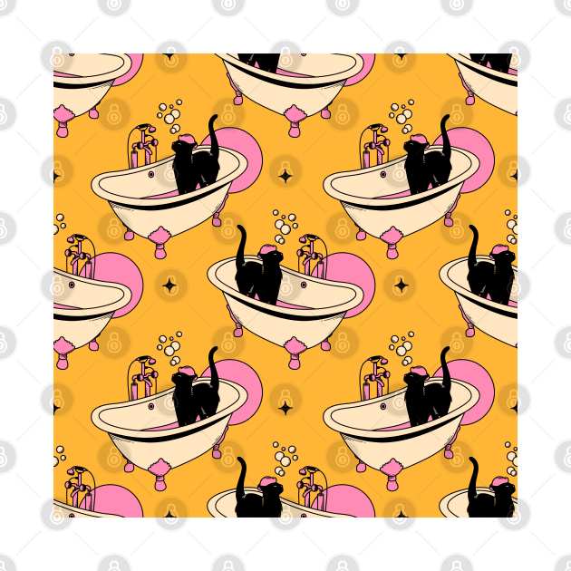 Spa Day Black Cat Pattern in yellow by The Charcoal Cat Co.