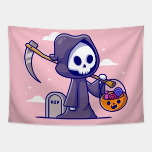 Cute Grim Reaper Holding Candy Basket Cartoon Tapestry