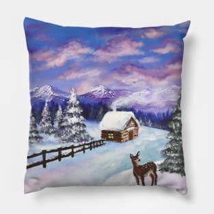 festive winter wonderland scenery mountain evergreen fawn deer Christmas snowy cabin Pillow