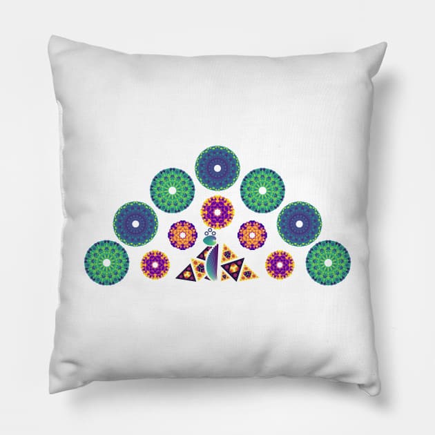 Mandala Peacock | Rainbow Polygons White Pillow by aRtVerse