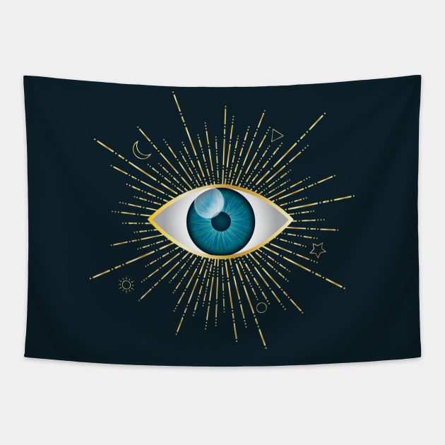 Aqua Blue Evil Eye Gold Eyelashes Sun Moon Star Nazar Mati Talisman Tapestry by karenmcfarland13