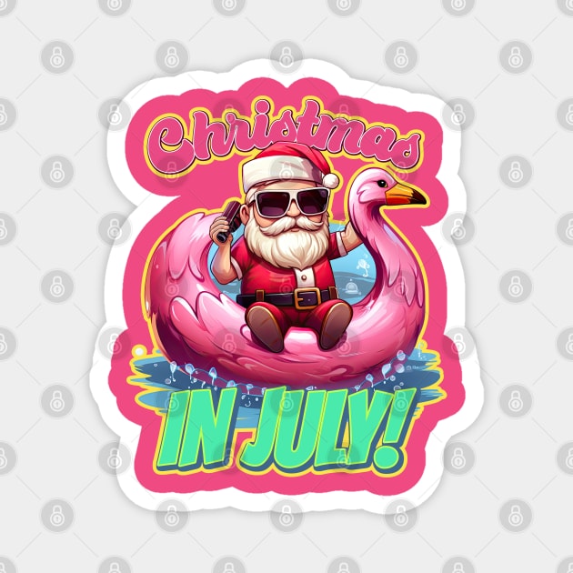 Christmas in July Santa on a Cellphone Pink Flamingo Magnet by DanielLiamGill