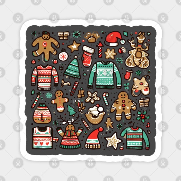 a fun and quirky collage of various holiday-themed elements to create the ultimate "Ugly Christmas Sweater" pattern. Think reindeer, snowflakes, gingerbread men, and more. Magnet by maricetak