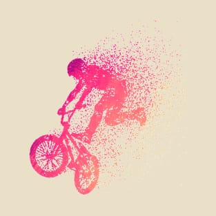 BMX Bike Rider Performing Stunts , Doing Tricks, minimal enduro extreme sports freeride, ramp, streetstyle, trails, Particles, shattered minimal minimalistic sprint sprinter sprinting T-Shirt