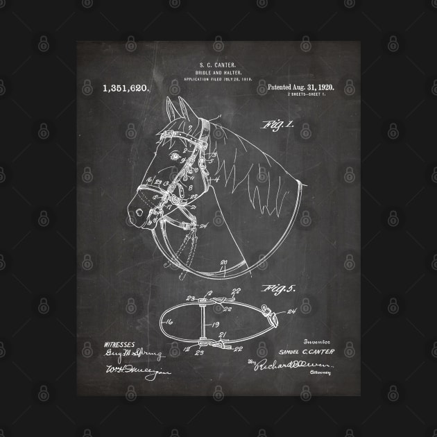 Horse Bridle Patent - Horse Lover Horse Stables Art - Black Chalkboard by patentpress