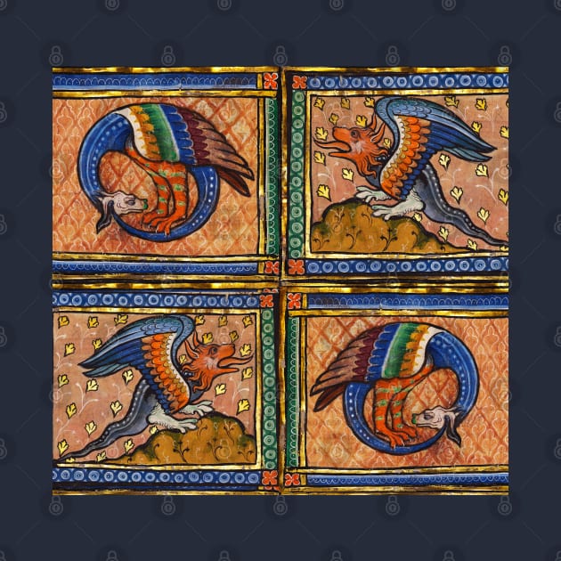 Medieval Bestiary ,Dragons in gold blue orange colors by BulganLumini