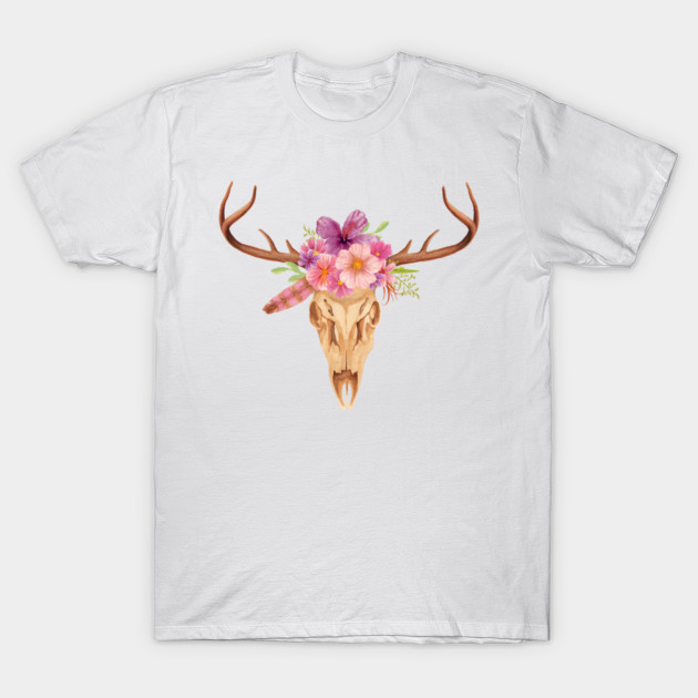 Decorated Deer Skull Antler Deer Skull With Flowers T Shirt