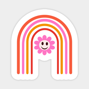 Pink Smiley Flower on Retro Rainbow Magnet