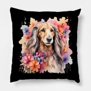 An afghan hound decorated with beautiful watercolor flowers Pillow