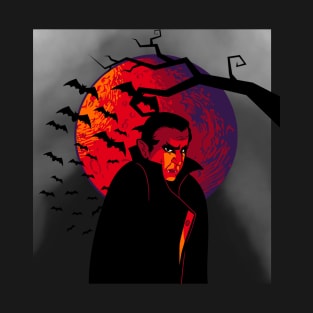 Retro Dracula with Red Moon - Retro Halloween T-Shirt