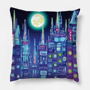 Neon Skyscrapers At Night Pillow