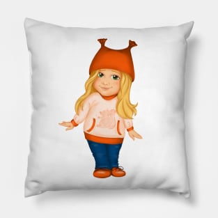 Little girl in orange hat and spring clothes. Spring print Pillow