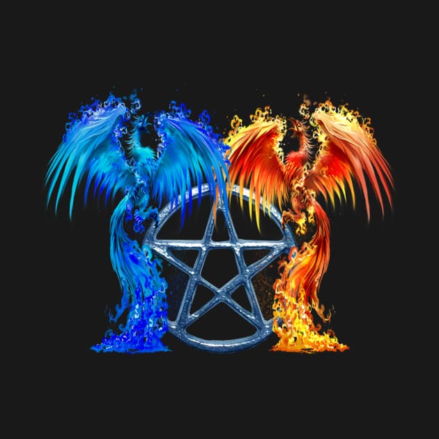 Fantasy Fire And Ice Phoenix Blue Pentagram by Atteestude