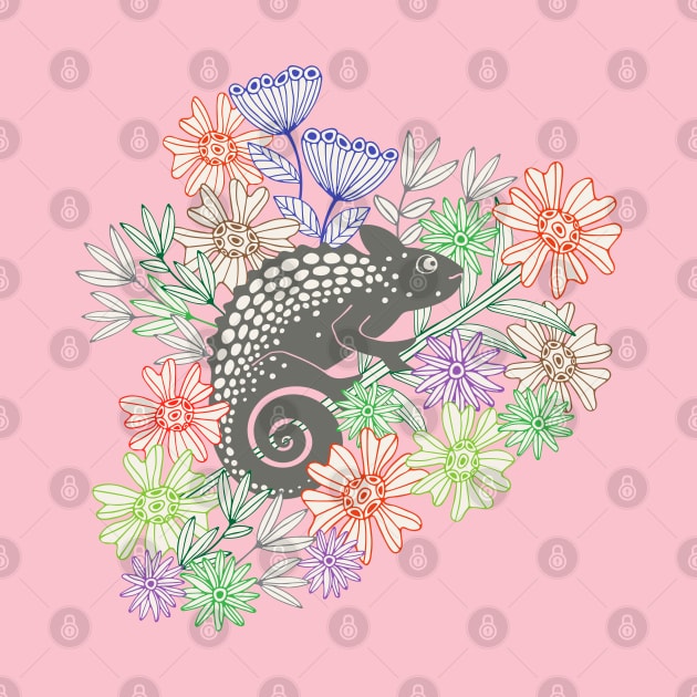 CHAMELEONS JUST WANNA HAVE FUN Cute Reptile Lizard with Rainforest Jungle Flowers in Retro Gray - UnBlink Studio by Jackie Tahara by UnBlink Studio by Jackie Tahara