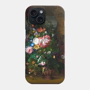 Roses, Convolvulus, Poppies, and Other Flowers in an Urn on a Stone Ledge by Rachel Ruysch (digitally enhanced) Phone Case