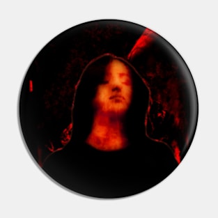 Beautiful girl, with closed eyes. Dark but beautiful. Red, black and orange. Pin