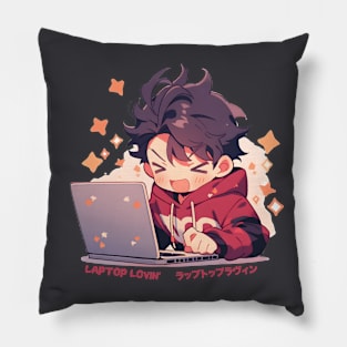 Cute Anime boy using laptop Pillow