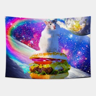 Rainbow Space Hamster Riding Burger Tapestry