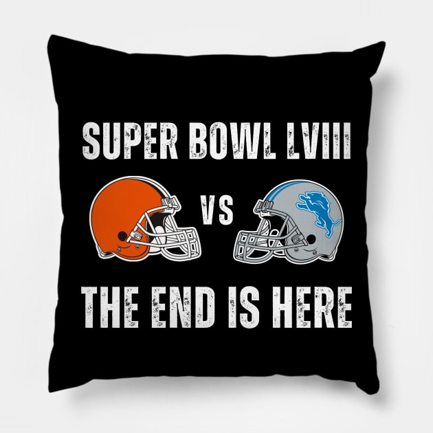 Super Bowl LVIII Browns Versus Lions 2024 Funny Football Fan Pillow by Little Duck Designs