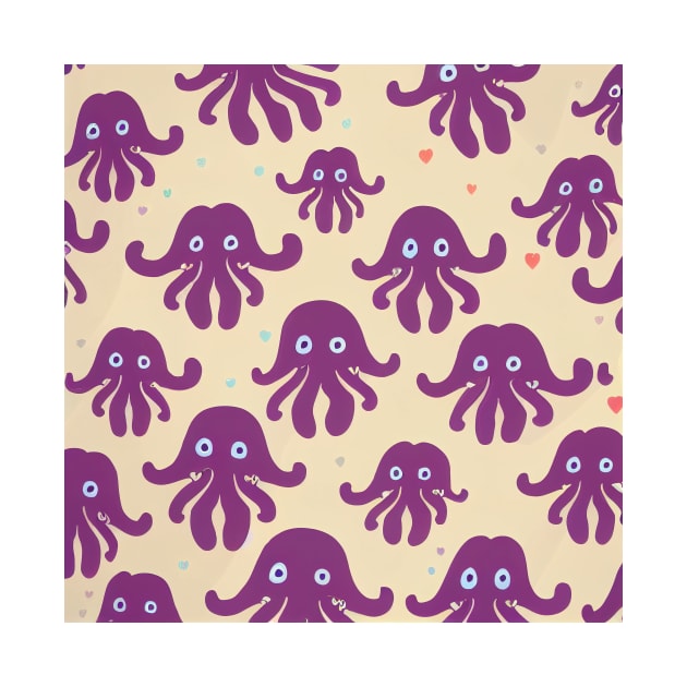 A fun vividly colored pattern of cute pink octopi and hearts swimming around the ocean  in a cartoonish minimalist style inspired by credit scenes anime movie and television series.  Thank you for supporting an indie artist! by JensenArtCo