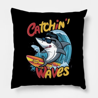 Funny Shark Catching Waves Pillow